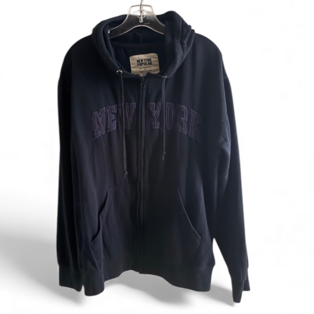 New York Popular Long Sleeve Dark Blue Hooded Front Zip Hoodie Men’s Size L NWOT